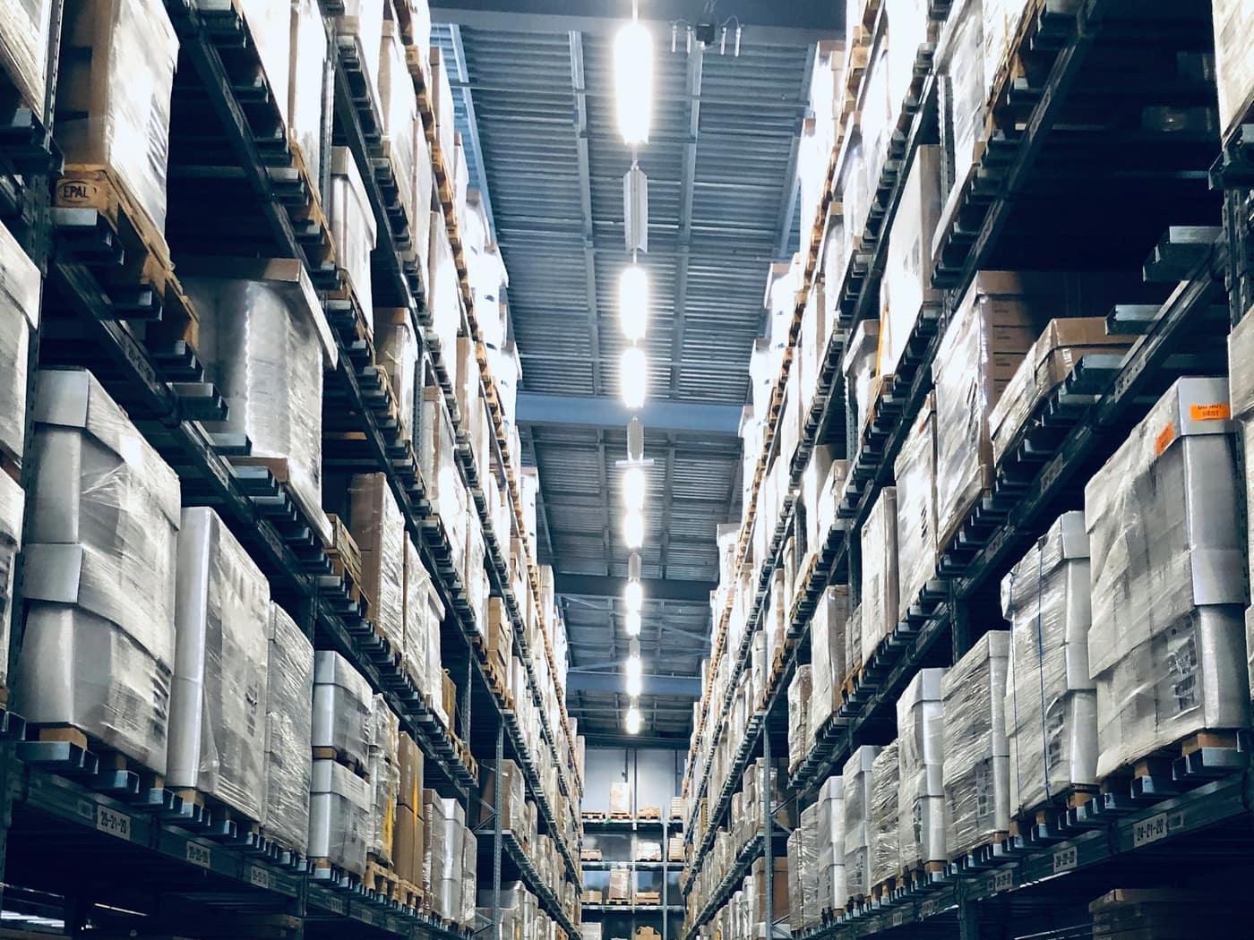 Palletised goods on racking inside a distribution warehouse